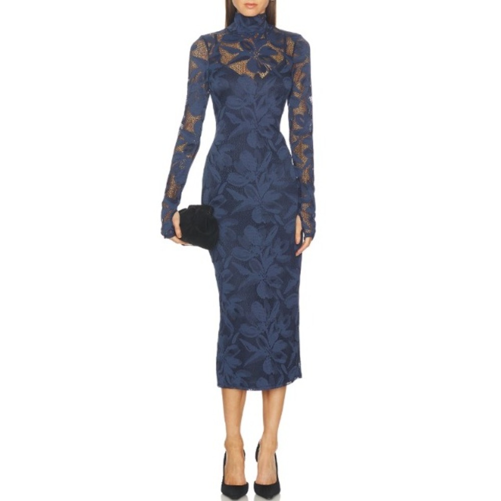 New AFRM Shailene Floral Lace Long Sleeve Midi Dress Black Iris Women Size Large